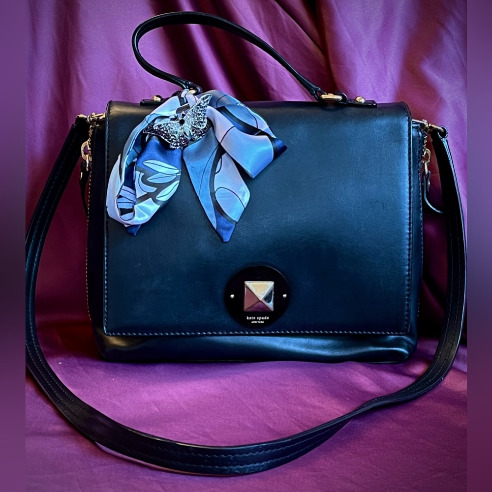Kate Spade Black Leather Handbag Crossbody with Blue Scarf